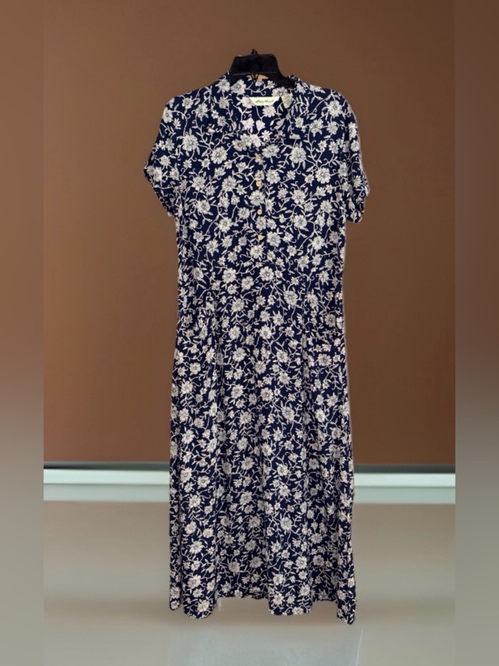 Vtg Eddie Bauer Women’s Navy and White Floral Midi Dress w/Pockets-M-EC